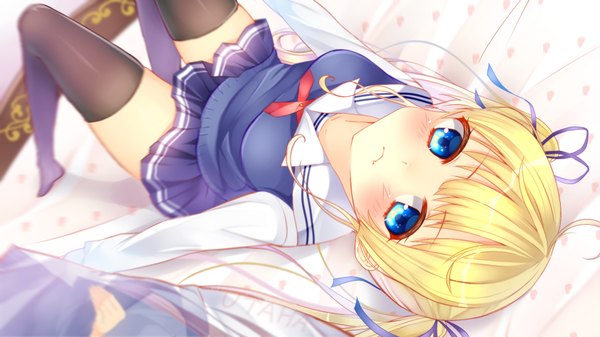 Anime picture 1920x1080 with saenai heroine no sodatekata a-1 pictures sawamura spencer eriri chihiro (khorosho) chihio single long hair looking at viewer blush highres blue eyes light erotic blonde hair wide image twintails lying on back depth of field wallpaper no shoes