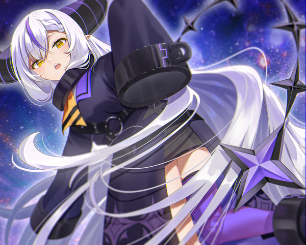 Anime picture 2800x2251 with virtual youtuber hololive la+ darknesss la+ darknesss (1st costume) hoshikani single looking at viewer fringe highres hair between eyes yellow eyes silver hair tail long sleeves very long hair multicolored hair horn (horns) from below streaked hair girl