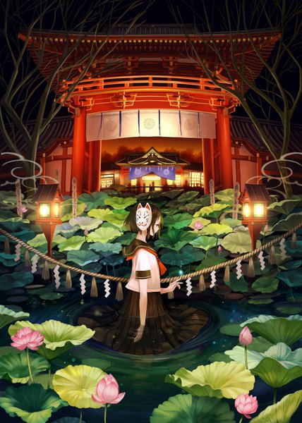 Anime picture 642x900 with original siro single tall image short hair brown hair looking away profile night short sleeves partially submerged mask on head bare tree ripples girl skirt uniform flower (flowers) plant (plants) tree (trees)
