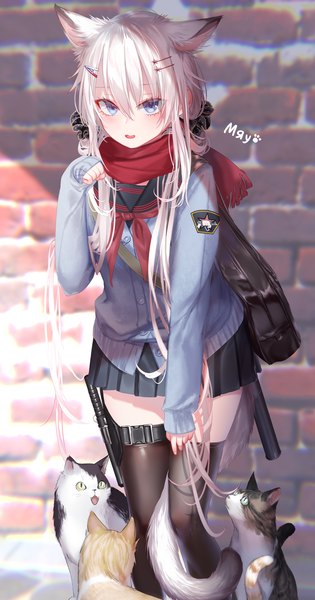 Anime picture 2000x3800 with girls frontline 9a-91 (girls frontline) pottsness single long hair tall image looking at viewer blush fringe highres open mouth blue eyes hair between eyes animal ears silver hair tail long sleeves animal tail pleated skirt cat ears