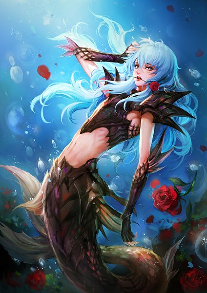 Anime picture 707x1000 with saint seiya toei animation pisces aphrodite fooltown single long hair tall image looking at viewer blue eyes holding blue hair mole bare belly midriff mole under eye mouth hold turning head hand on head underwater arched back