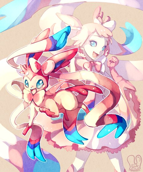 Anime picture 1000x1200 with pokemon moemon nintendo sylveon sa-dui long hair tall image looking at viewer open mouth blue eyes signed pink hair dual persona girl dress gloves bow hair bow animal pantyhose