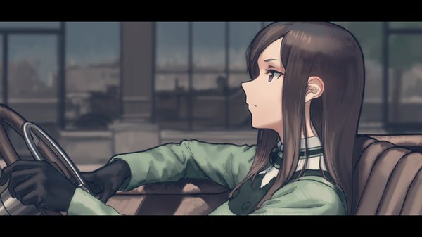 Anime picture 1280x720 with princess principal dorothy (princess principal) genso single long hair fringe brown hair wide image brown eyes payot looking away upper body profile blurry depth of field letterboxed driving girl gloves black gloves