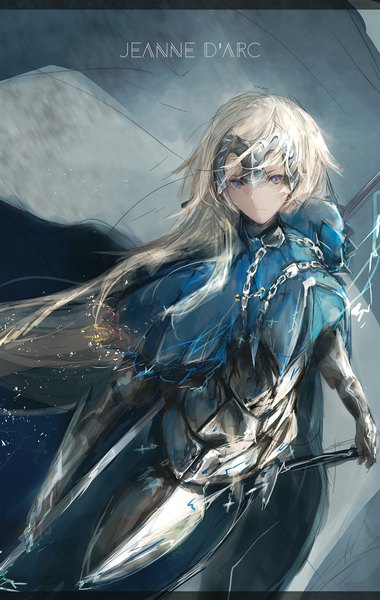 Anime picture 1339x2114 with fate (series) fate/apocrypha jeanne d'arc (fate) (all) jeanne d'arc (fate) marumoru single long hair tall image looking at viewer blonde hair standing purple eyes from above wind character names letterboxed sheathed arm guard girl weapon