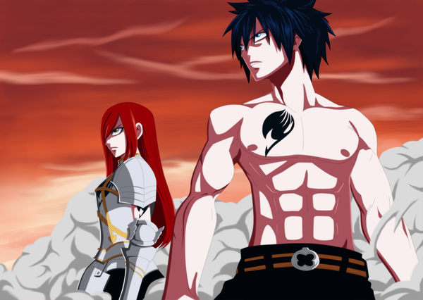 Anime picture 1519x1080 with fairy tail erza scarlet gray fullbuster xdeidar4 long hair fringe short hair blue eyes black hair sky cloud (clouds) red hair hair over one eye orange eyes tattoo coloring smoke muscle girl boy