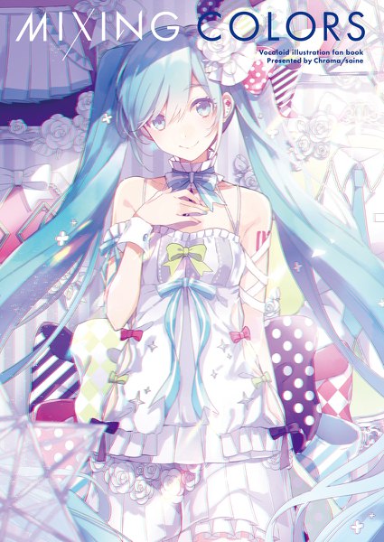 Anime picture 850x1200 with vocaloid hatsune miku saine single tall image looking at viewer blush fringe blue eyes smile hair between eyes twintails signed very long hair nail polish head tilt pleated skirt hair flower aqua hair tattoo