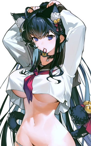 Anime picture 1563x2500 with original nike1060 single long hair tall image fringe breasts blue eyes light erotic black hair simple background large breasts standing white background signed animal ears tail blunt bangs animal tail cat ears
