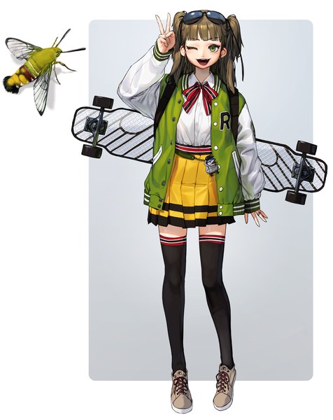 Anime-Bild 2978x3757 mit original rinotuna single long hair tall image looking at viewer highres open mouth simple background smile brown hair standing green eyes full body long sleeves pleated skirt one eye closed open jacket two side up victory