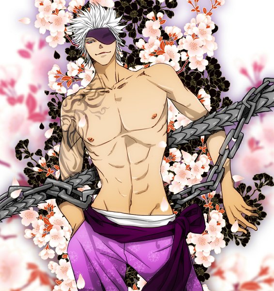 Anime picture 965x1024 with sengoku basara production i.g motochika chousokabe single tall image short hair blue eyes smile standing white hair light smile midriff tattoo cherry blossoms muscle hand in pocket boy flower (flowers) weapon plant (plants)