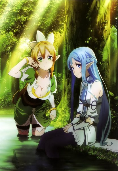 Anime picture 1569x2263 with sword art online a-1 pictures yuuki asuna leafa asuna (sao-alo) long hair tall image looking at viewer blush blue eyes blonde hair smile sitting multiple girls green eyes blue hair ponytail braid (braids) pointy ears scan