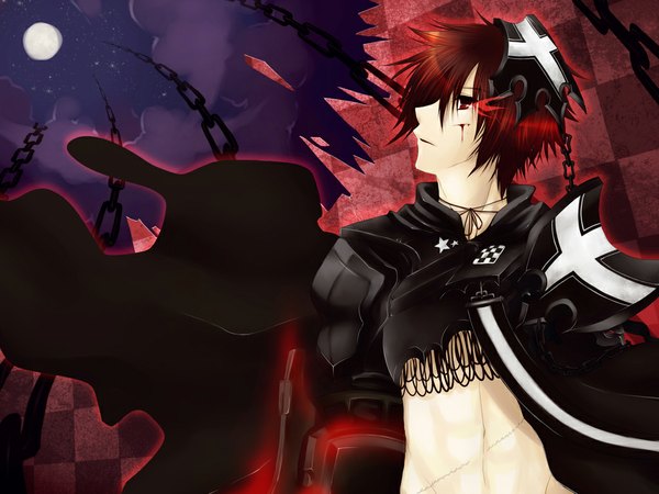 Anime picture 1024x768 with vocaloid akaito single short hair red eyes red hair profile cosplay checkered background boy hair ornament moon chain