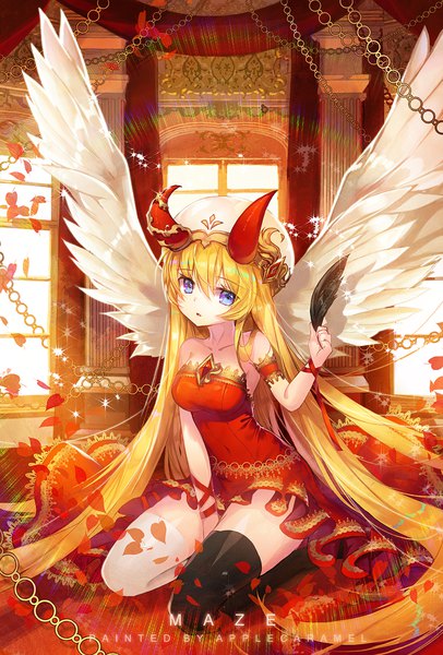 Anime picture 900x1329 with original apple caramel single tall image looking at viewer fringe blue eyes light erotic blonde hair hair between eyes sitting bare shoulders holding signed full body indoors very long hair parted lips horn (horns) inscription