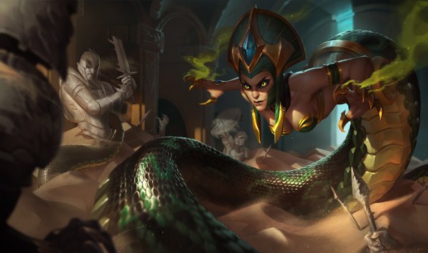 Anime picture 1215x717 with league of legends cassiopeia (league of legends) breasts open mouth wide image bare shoulders yellow eyes tail official art glowing glowing eye (eyes) sand monster girl girl weapon headdress armor helmet pillar column