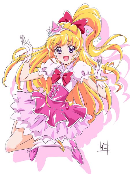 Anime-Bild 1536x2046 mit precure mahou girls precure! toei animation asahina mirai cure miracle nii manabu single long hair tall image blush open mouth simple background blonde hair white background purple eyes full body ponytail :d half updo magical girl