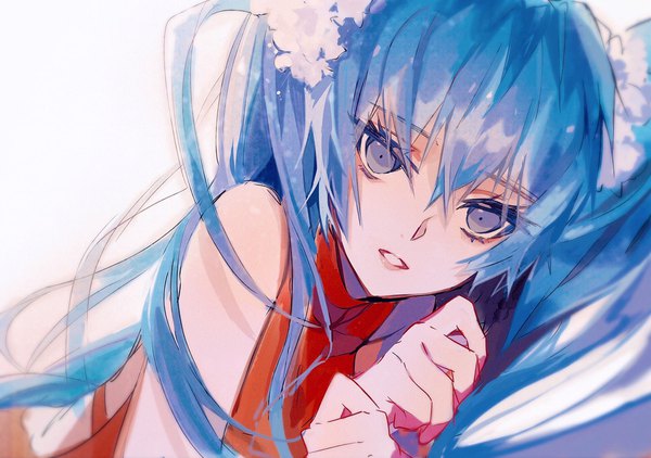 Anime picture 2048x1442 with vocaloid hatsune miku remon (10112) single long hair fringe highres hair between eyes twintails blue hair looking away lying parted lips grey eyes sleeveless on side girl