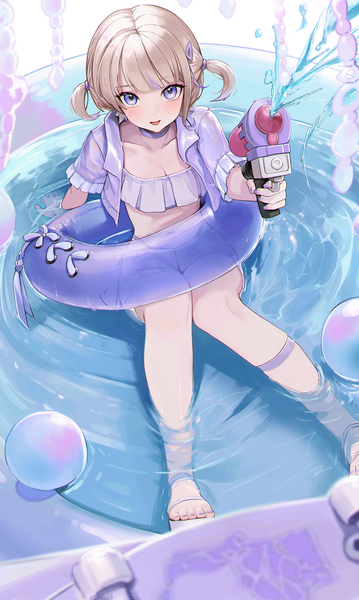 Anime picture 1240x2075 with virtual youtuber hololive hololive dev is todoroki hajime anizi single tall image looking at viewer blush fringe short hair light erotic blonde hair purple eyes twintails holding blunt bangs nail polish from above arm support