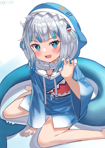 Anime picture 2149x3035 with virtual youtuber hololive hololive english gawr gura gawr gura (1st costume) aroa (aroamoyasi) single tall image looking at viewer blush highres short hair open mouth blue eyes simple background white background sitting signed silver hair tail