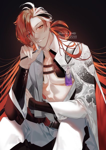 Anime picture 1769x2500 with fate (series) fate/grand order takasugi shinsaku (fate) shei99 single long hair tall image looking at viewer fringe highres red eyes sitting signed red hair multicolored hair hair over one eye streaked hair piercing ear piercing boy