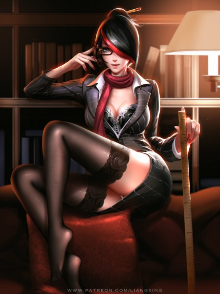Anime picture 900x1200 with league of legends fiora (league of legends) liang xing single tall image looking at viewer blush fringe short hair blue eyes light erotic black hair sitting holding signed cleavage full body bent knee (knees) red hair indoors