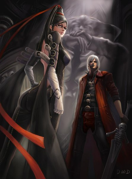 Anime picture 1000x1347 with devil may cry bayonetta dante (devil may cry) bayonetta (character) dantewontdie long hair tall image looking at viewer short hair black hair silver hair ponytail braid (braids) light smile grey hair couple back eyeshadow girl boy