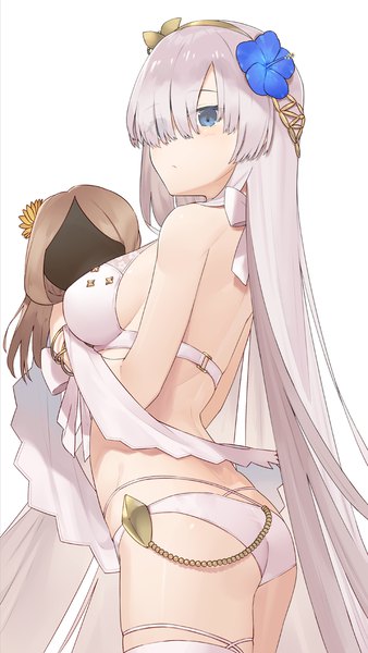 Anime picture 641x1136 with fate (series) fate/grand order anastasia (fate) viy (fate) hayashi kewi single tall image blush fringe breasts blue eyes light erotic simple background standing white background looking away silver hair ass very long hair hair flower