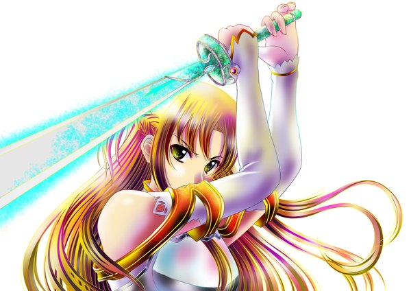 Anime picture 4093x2894 with sword art online a-1 pictures yuuki asuna aka kitsune long hair highres simple background blonde hair white background green eyes absurdres girl weapon detached sleeves sword
