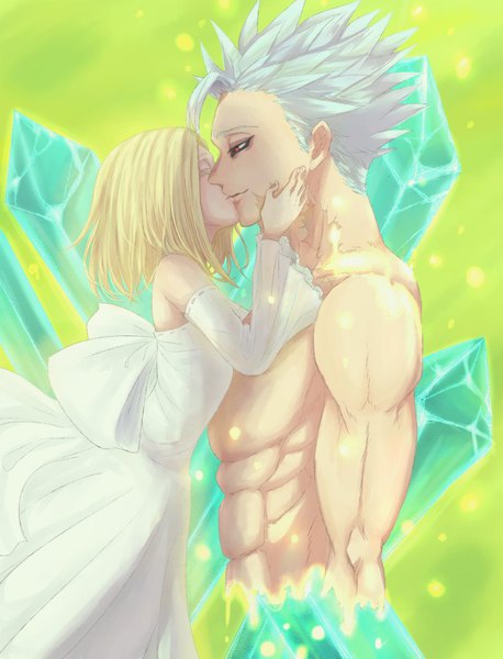 Anime picture 782x1024 with nanatsu no taizai a-1 pictures ban (nanatsu no taizai) elaine (nanatsu no taizai) hayu tall image short hair simple background red eyes bare shoulders silver hair upper body eyes closed profile sunlight wide sleeves sparkle couple magic scar