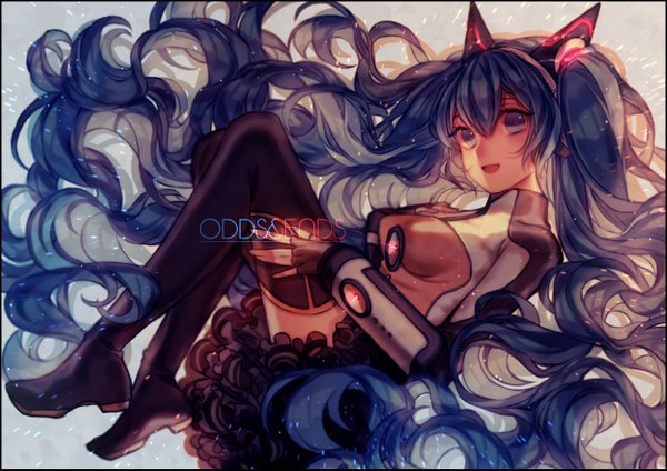 Anime picture 1280x905 with vocaloid odds & ends (vocaloid) hatsune miku yasiromann single looking at viewer open mouth blue eyes twintails blue hair lying very long hair from above inscription on side frilly skirt girl skirt miniskirt thigh boots