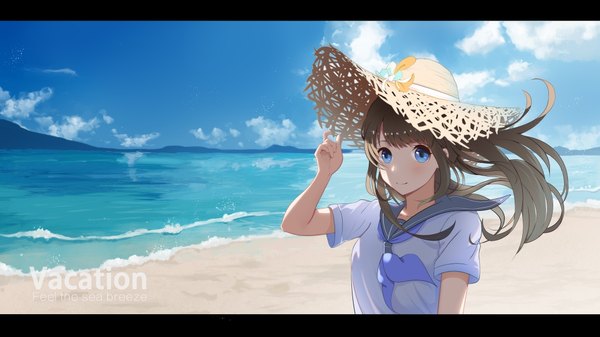 Anime picture 1103x620 with original akinaz single long hair looking at viewer blush fringe blue eyes brown hair wide image payot sky cloud (clouds) upper body outdoors light smile wind beach text letterboxed