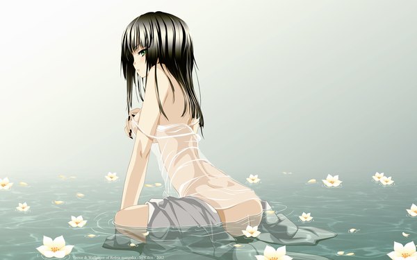 Anime picture 2560x1600 with original refeia cilou (artist) single long hair blush highres light erotic black hair wide image green eyes nail polish wet strap slip wet clothes girl flower (flowers) water transparent clothing