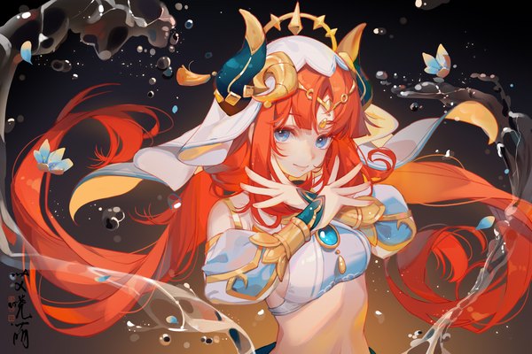 Anime picture 3000x2000 with genshin impact nilou (genshin impact) ai xiao meng single long hair looking at viewer highres blue eyes smile twintails upper body red hair horn (horns) midriff floating hair low twintails crossed arms girl water veil
