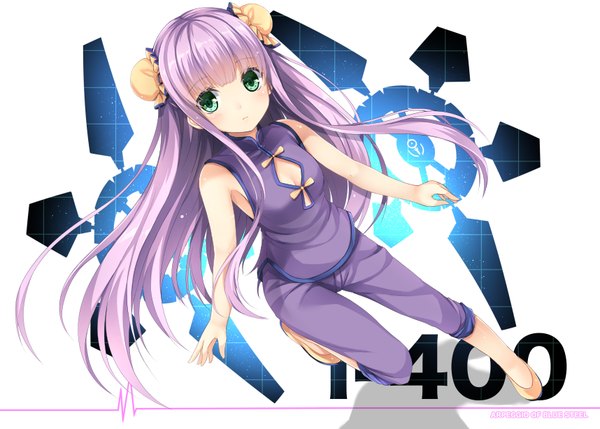 Anime picture 858x614 with aoki hagane no arpeggio i-400 (aoki hagane no arpeggio) kaguyuu single long hair blush white background green eyes pink hair traditional clothes inscription chinese clothes girl