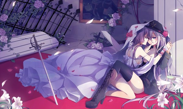 Anime picture 1250x750 with vocaloid ia (vocaloid) yuzuki yukari kuroi (liar-player) long hair blush blue eyes light erotic wide image multiple girls purple hair eyes closed shoujo ai girl thighhighs dress flower (flowers) weapon black thighhighs 2 girls