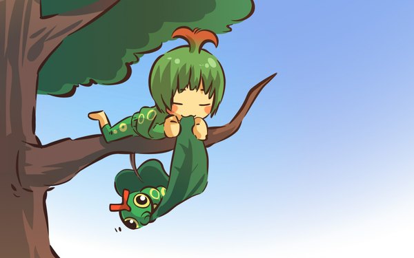 Anime picture 1920x1200 with pokemon moemon nintendo caterpie hitec blush highres short hair wide image eyes closed green hair blue background eating gen 1 pokemon plant (plants) tree (trees) leaf (leaves) insect