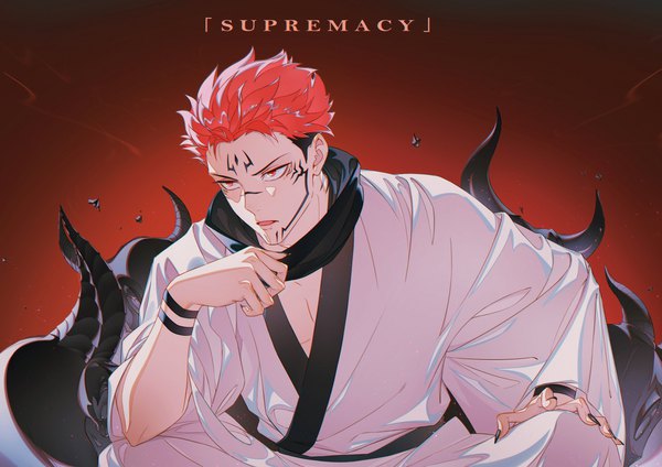 Anime picture 3508x2480 with jujutsu kaisen mappa itadori yuuji ryoumen sukuna (jujutsu kaisen) glorenia single highres short hair open mouth red eyes sitting looking away absurdres red hair nail polish traditional clothes japanese clothes horn (horns) inscription wide sleeves