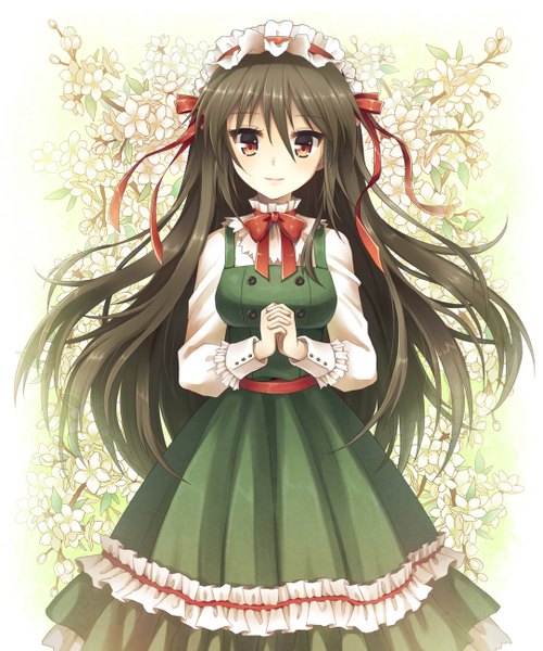 Anime picture 1081x1298 with original mauve single long hair tall image black hair red eyes girl dress flower (flowers) headdress