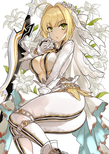 Anime picture 666x937 with fate (series) fate/grand order fate/extra fate/extra ccc nero claudius (fate) (all) nero claudius (bride) (fate) asle single tall image looking at viewer fringe short hair breasts open mouth light erotic simple background blonde hair large breasts white background green eyes