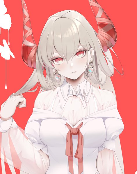 Anime picture 2200x2800 with original fouriasensei single long hair tall image looking at viewer blush fringe highres breasts simple background hair between eyes red eyes large breasts upper body parted lips head tilt horn (horns) grey hair puffy sleeves