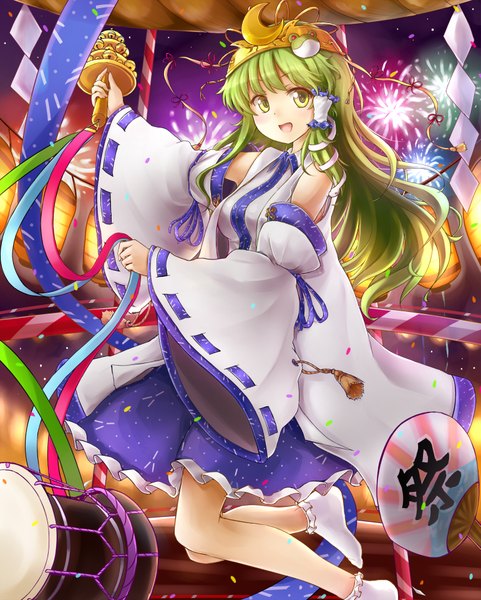 Anime picture 1541x1920 with touhou kochiya sanae af-henrytz single long hair tall image blush open mouth green eyes traditional clothes green hair girl dress hair ornament detached sleeves socks white socks bell fan hair tubes