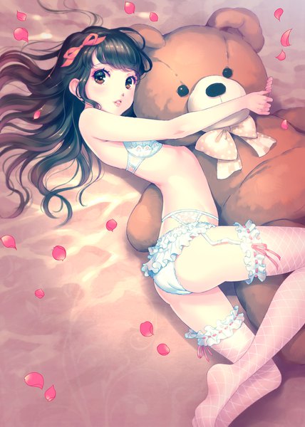Anime picture 1000x1403 with original nishimura eri single long hair tall image looking at viewer blush fringe light erotic black hair brown eyes bent knee (knees) ass lying blunt bangs parted lips lips no shoes hug underwear only