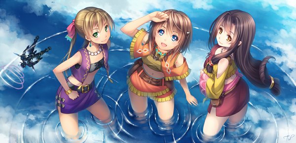 Anime picture 1000x484 with suisei no gargantia production i.g amy (suisei no gargantia) saaya (suisei no gargantia) melty (suisei no gargantia) tidsean long hair looking at viewer blush short hair open mouth blue eyes black hair blonde hair smile brown hair wide image twintails bare shoulders multiple girls