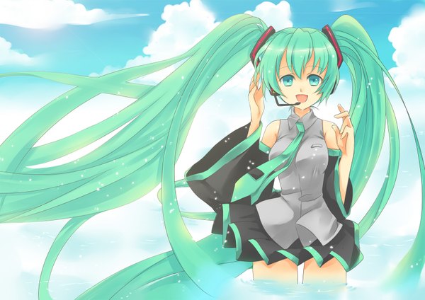 Anime picture 1600x1131 with vocaloid hatsune miku ceru single open mouth twintails cloud (clouds) very long hair aqua eyes aqua hair girl skirt detached sleeves miniskirt necktie