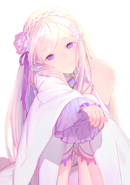 Anime picture 565x800 with re:zero kara hajimeru isekai seikatsu white fox emilia (re:zero) blush scarlet single long hair tall image looking at viewer light erotic smile purple eyes white hair hair flower pointy ears pantyshot girl dress underwear panties flower (flowers)