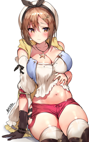 Anime picture 700x1116 with atelier (series) atelier ryza gust (company) reisalin stout matarou (genkai toppa) single tall image looking at viewer blush fringe short hair breasts light erotic simple background hair between eyes brown hair large breasts white background sitting brown eyes