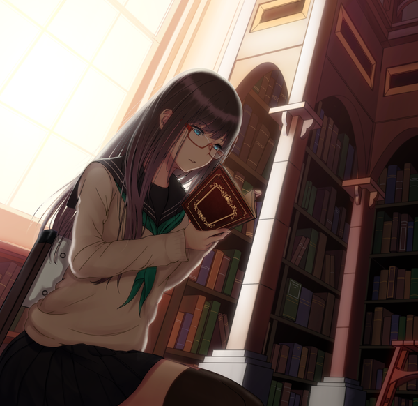 Anime picture 1490x1446 with original saitou (lynx-shrike) single long hair fringe blue eyes black hair sitting indoors parted lips pleated skirt sunlight reading girl thighhighs skirt uniform black thighhighs school uniform glasses