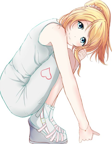 Anime picture 800x1026 with love live! school idol project sunrise (studio) love live! ayase eli ariadone single long hair tall image looking at viewer blush blue eyes simple background blonde hair smile white background bare shoulders ponytail squat girl socks