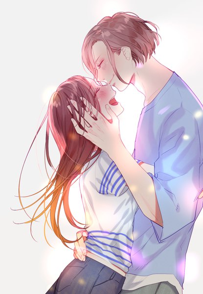 Anime picture 1034x1493 with a3! tachibana izumi (a3!) settsu banri artwele long hair tall image blush short hair open mouth simple background smile brown hair eyes closed profile grey background couple hug hand on face casual girl