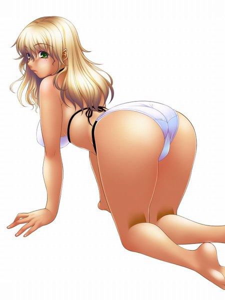 Anime picture 750x1000 with original asakura sakura single long hair tall image blush light erotic simple background blonde hair white background green eyes ass girl swimsuit bikini