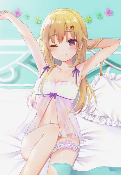 Anime picture 1316x1897 with original yushima single long hair tall image looking at viewer blush fringe breasts light erotic blonde hair sitting bare shoulders brown eyes payot cleavage bent knee (knees) indoors one eye closed arm up