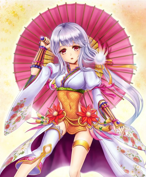 Anime picture 1000x1214 with original madopen single long hair tall image looking at viewer blush fringe open mouth simple background red eyes holding payot purple hair traditional clothes japanese clothes arm up wide sleeves :o covered navel